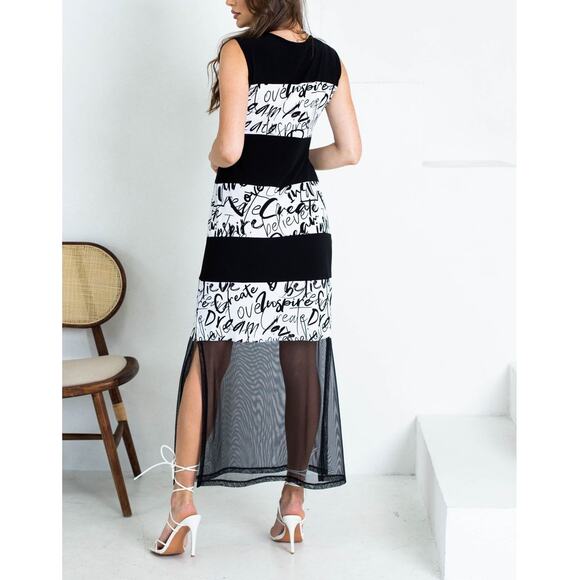 Womens Tank Maxi Dress Size M Black White Sheer Script NWT Artex Fashions - Picture 2 of 2